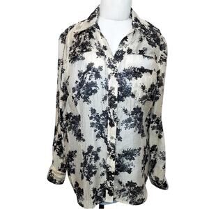 Coldwater Creek Shaped Tencel Semi-Sheer Black White Floral Button Up Blouse Top